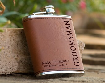 Personalized 6 oz. Leatherette Stainless Steel Flask - Groomsman Flask - Best Man Flask - Personalized Flask - Brown Flask - Flask Gift