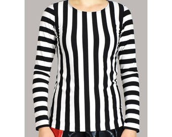 Black and White Striped Long Sleeve Shirt S M L XL 2XL top sweater beetlejuice costume cosplay punk goth vertical horizontal stripes sleeved