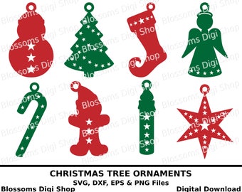 Tree ornaments svg, digital download, christmas svg, decorations svg, snowman svg, angel dxf, stocking svg, candle svg, tree svg, candy eps