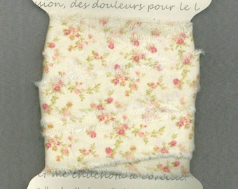 6 yards, Pink floral cream, cottage chic ribbon, .75 wide fabric ribbon, rustic prairie hand frayed ,gift wrap trim card making 1187 37