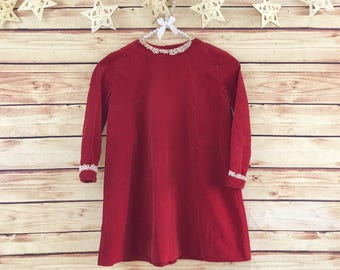 Vintage 1960's Calliope Girls Red Velvet Smock Dress, Girls Mod Christmas Dress, White Lace Detail, Girls 60's Retro Shift Dress, Size 5-6Y
