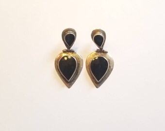 Epic Vintage CW Sterling Silver and Onyx Teardrop Hinged Post Earrings- Signed