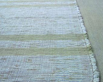 White Rag Rug with Yellow-Green Stripes