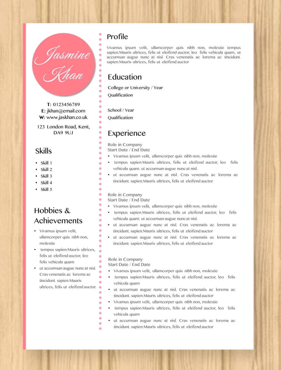 CV Resume Modern Pink Jasmine Template Instant Word Document