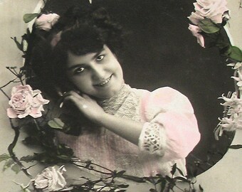 Antique French postcard, Edwardian lady in pink, real photo postcard (RPPC), paper ephemera.