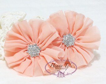 2 pcs 2.5" Adeila Ballerina BABY PEACH Apricot Shabby UNFrayed Chiffon Ruffle Flowers w/ Rhinestone, Silk Flowers, applique hair accessories