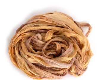 Handdyed chiffon silk ribbon recycled 10metres, Sweet Chestnut sand brown tan beige wheat, textile arts