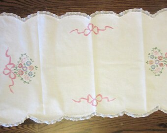 Embroidered Linen Dresser Scarf or Table Runner with Lace Trim 32 x 16 Inches