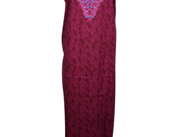 Pink/Red  Womens Maxi Caftan Beautiful Neck Embroidered Cap Sleeves Summer Comfortable Evening Wear Kaftan Nightgown Sleepwear Dress