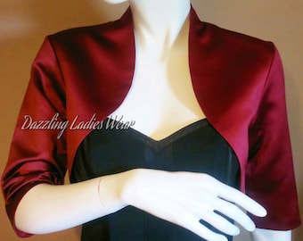 Burgundy/Dark Red Satin Bolero / Shrug / Cropped Jacket Fully Lined - UK 4-26/US 1-22 3/4 Sleeves - Formal/Wedding/Bridal