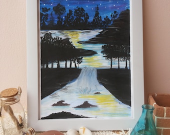 Under The Moon Light Water Color Painting