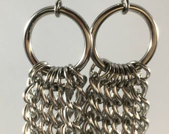 Tapered Chain Long Silver Chainmaille Earrings