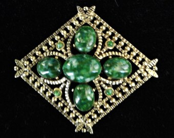 Striking Jade and Brass Designer Brooch - 1970's - 3"