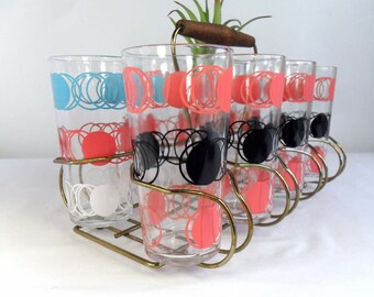 Mid Century Glassware 1950s Drinking Glass Set Vintage Pink Blue Black Polka Dot Glasses with Retro Glass Caddy Retro Bar Vintage Tumblers