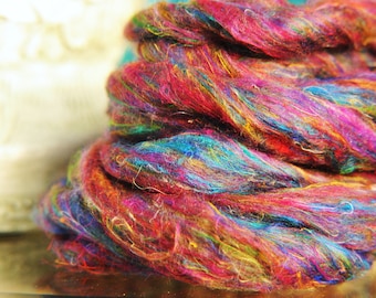 NEW COLORWAY! Pulled Sari Silk, Carded Roving, Silk Waste, Blending Fibers New Multi Color, Jewel, Colorway! Great Price
