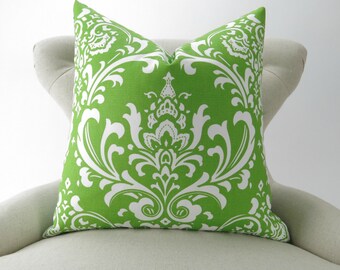 Throw Pillow Cover, Green Damask -MANY SIZES- Chartreuse Green, Lime Green, Green & White, Cushion Cover, Ozborne Premier Prints, FREESHIP