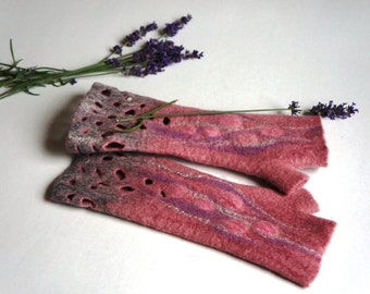 Felted pink and grey fingerles from merino woo for women / Winter gloves/ Winter accessories mittens for women