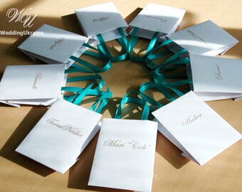 Gift bag with custom name for small gifts with Navy blue satin ribbon handles for guests, Bridesmaids, Maid of Honor, Flower girl, Groomsman