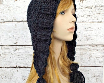 Knit Hat Womens Hat Knit Hood Ear Flap Hat - Tassel Hat in Charcoal Grey Knit Hat - Grey Hat Womens Accessories Winter Hat