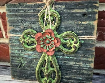 Cast Iron Cross on Reclaimed Wood Decor, Green Painted Cast Iron Cross, Religious Decor