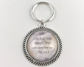 Key Chain or Necklace - I can do all things through Christ who strengthens me - Phil 4:13 - Vintage Round - 5 Finishes Available