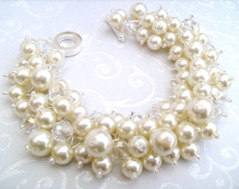 Set of 5 - Bridal Jewelry, Wedding, Pearl Bridesmaid Bracelet, Cluster Bracelet, Pearl Bracelet, Ivory Pearl Jewelry - Designs by Kim Smith