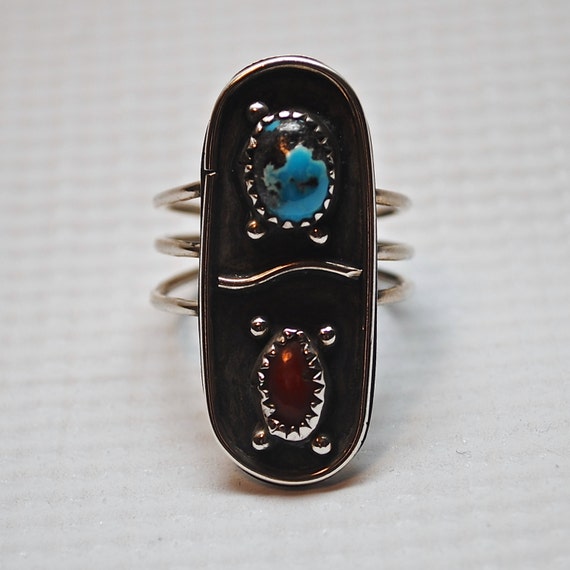 Native American Sterling Silver Turquoise Coral Ring Sz 9.5 #4096