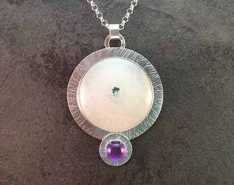 25% Off Solar Agate and Amethyst Cabochon Sterling Silver Metalwork Necklace Pendant