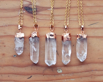 Gold Dipped Raw Quartz Crystal Point Necklace - Rough Clear Spike with Plated Chain, Natural Layering Druzy Pendant