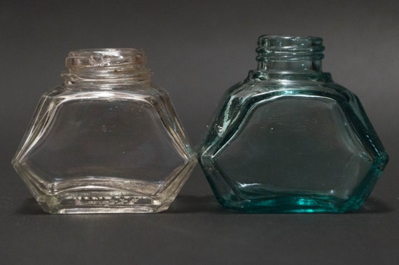 vintage ink bottle set of 2 edgy bottles clear glass aqua glass watermans ink rustic decor small vases home decor - Baos Vintage vintage ink bottle set of 2 edgy bottles clear glass aqua glass watermans ink rustic decor small vases home decor - Baos Vintage