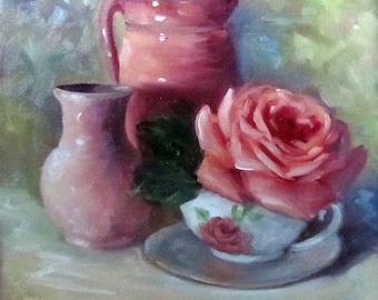 Floral Still Life Painting Pink Rose,Pink Pitcher, Pink Vase 12x12 Canvas Oil Painting by Cheri Wollenberg