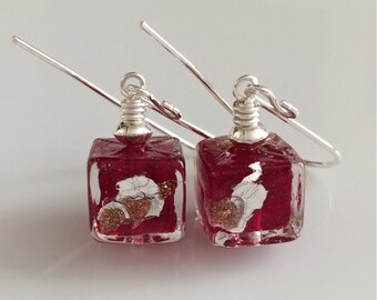 Red Venetian Glass Earrings Murano Glass Glass Cube Earring Sterling Silver Earrings Ruby Red Earrings
