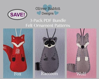 Felt Ornament PATTERN BUNDLE, Fox, Raccoon, Wolf, Woodland Animal, Sewing, Forest Friend, Nursery Decor, Package Topper, DIY Handmade Gift