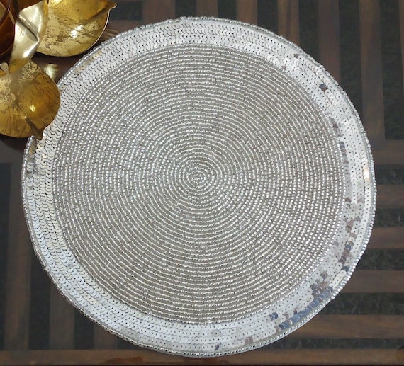 Handmade Beaded Silver Table Mat Centre piece Beaded