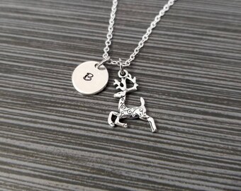 Antique Silver Reindeer Necklace - Reindeer Charm Necklace - Deer Necklace Personalized - Custom Gift Initial Necklace - Christmas Necklace