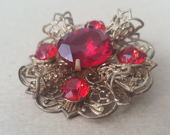 Vintage Czech Brooch Ruby Red Large Statement Czech Glass Bohemian Foil Backed Prong Set Gold Tone Filigree Brooch