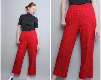Red Plaid Pants / High Waist Pants / Slacks / Skimmers / Medium
