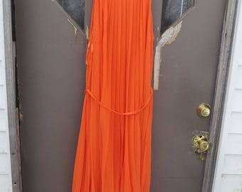 VTG Orange womens boho grecian style accordion pleated tent dress w belt xlarge