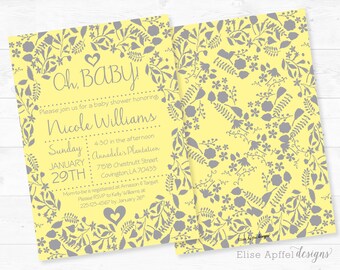 Gray and Yellow Baby Shower Invitation, Gender Neutral Gray and Yellow baby shower invite