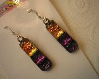 Earrings Dichroic, Apricot and Purple, Striped Fused Dichroic Glass Jewelry, Dangles Iridescent, Earrings Kiln Fired, Hand Designed Glass