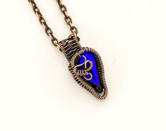 Blue Dichroic Glass Pendant - Dainty Necklace - Anniversary Gifts - Boho Jewelry - Wire Wrapped Jewelry - Copper Necklace - Gift for Her