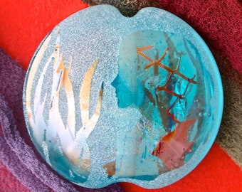 Handmade Lampwork Bead "Spirit of the Sea" Sandblasted Dichroic Glass, Iridescent Lustre & Copper Inclusions Lentil Focal Bead SRA Sea Tones