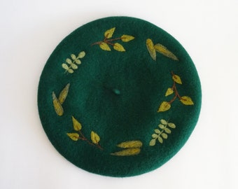 Forest green wool beret with needle felted leaves