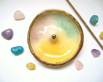 Unicorn Rainbow Gold Incense Holder- incense stand- ceramic pinch pottery- meditation, yoga, gift for her, blue, yellow, purple