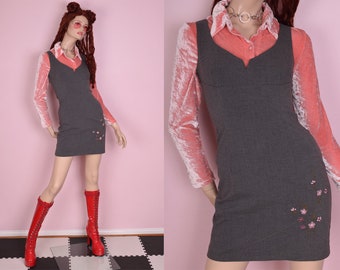 90s Floral Detail Gray Dress/ Small/ 1990s/ Tank/ Sleeveless
