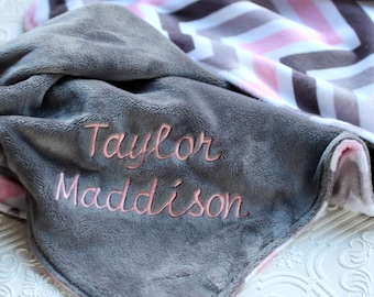 Personalized Baby Blanket, Minky Baby Blanket, Baby Girl blanket or lovey, Pink and Grey Chevron Blanket , Minky Baby Blanket, Monogrammed