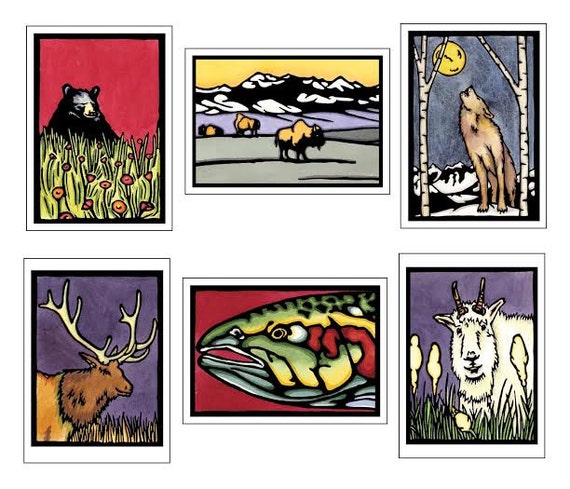 Northwest Animals Collection - 6 Blank Greeting Cards - Black Bear, Bison, Wolf, Elk, Trout, Mountain Goat - Mountain Wildlife