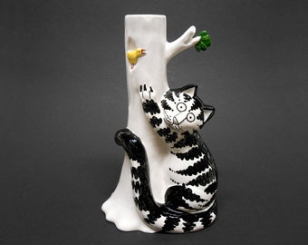 B.Kliban Cat Sigma Tastesetter Candle Holder Candlestick Cat Tree & Bird 1970's