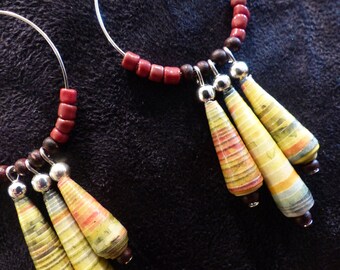 paper bead earring / / Bohemian earrings / / recycled jewelry / / eco-friendly jewelry / / hoops / / gift for her / / bee kouz