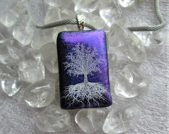 White Tree of Life Stunning Purple Dichroic Glass Pendant - Silver Mesh Cord included - Silver Bail